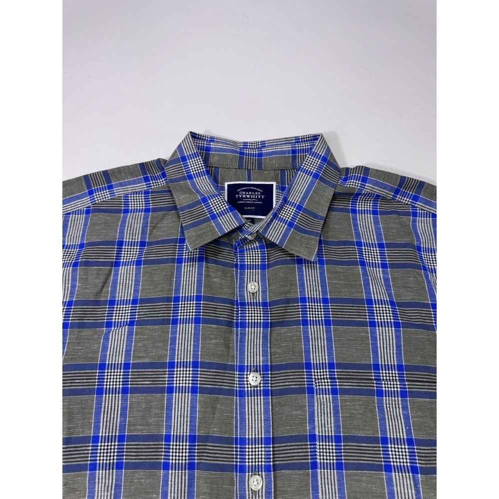 Charles Tyrwhitt Slim Fit Linen Blend Button Shirt Men's XL Grey Blue Plaid